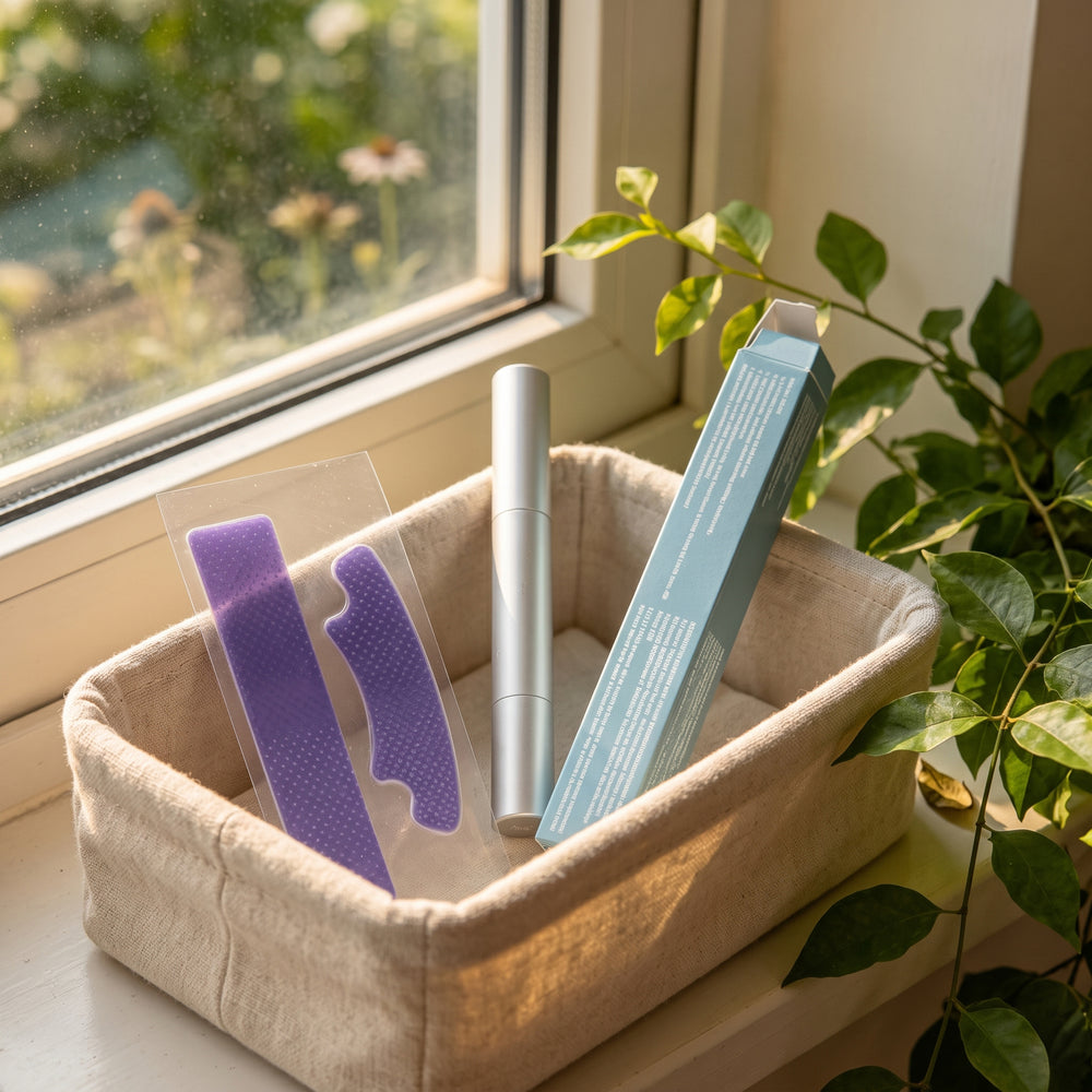 Cesta en el alféizar con el lápiz blanqueador modosmile, su caja y dos tiras moradas junto a una planta