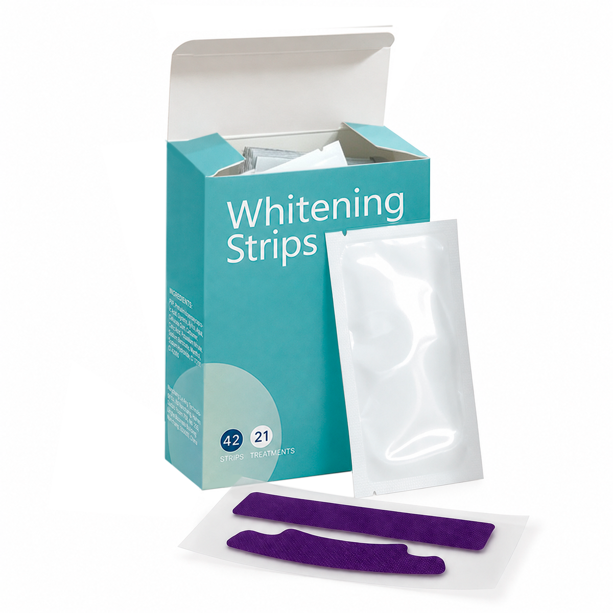 Caja abierta de tiras blanqueadoras modosmile con dos tiras moradas delante