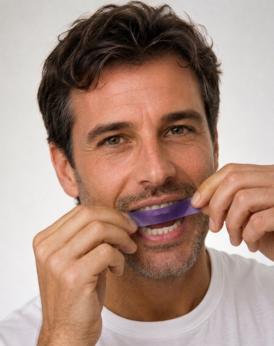 Hombre colocándose una tira blanqueadora morada sobre los dientes superiores