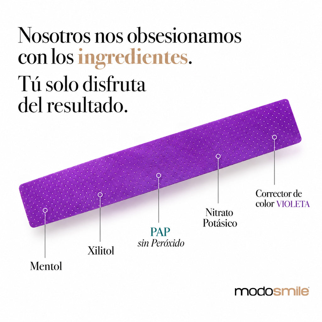 Tiras blanqueadoras púrpura para unos dientes más blancos